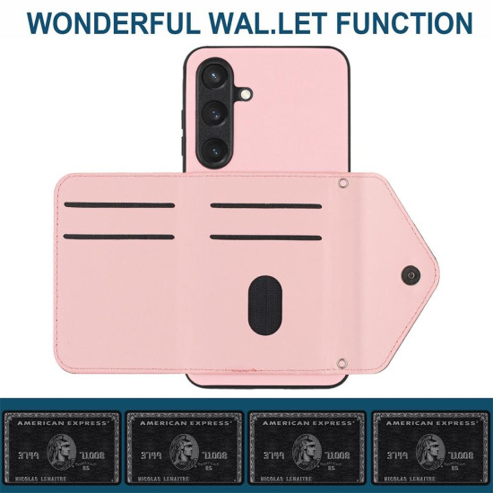 For Samsung Galaxy S24+ 5G Rhombic Texture Card Bag RFID Phone Case with Long Lanyard(Rose Gold)