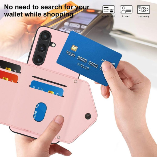 For Samsung Galaxy S24+ 5G Rhombic Texture Card Bag RFID Phone Case with Long Lanyard(Rose Gold)