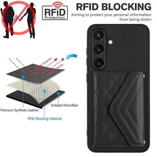 For Samsung Galaxy S24+ 5G Rhombic Texture Card Bag RFID Phone Case with Long Lanyard(Black)