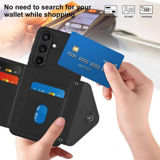For Samsung Galaxy S24+ 5G Rhombic Texture Card Bag RFID Phone Case with Long Lanyard(Black)