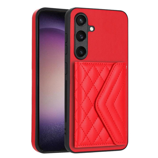 For Samsung Galaxy S24+ 5G Rhombic Texture Card Bag RFID Phone Case with Long Lanyard(Red)