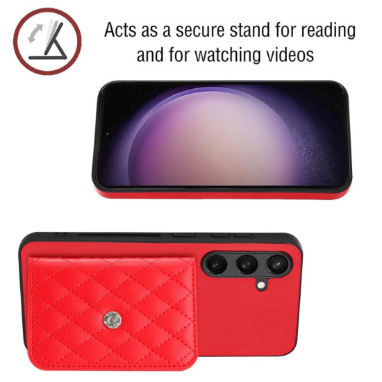 For Samsung Galaxy S24+ 5G Rhombic Texture Card Bag RFID Phone Case with Long Lanyard(Red)