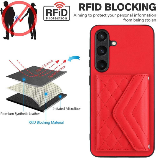 For Samsung Galaxy S24+ 5G Rhombic Texture Card Bag RFID Phone Case with Long Lanyard(Red)