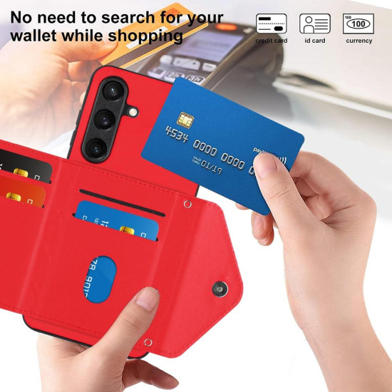 For Samsung Galaxy S24+ 5G Rhombic Texture Card Bag RFID Phone Case with Long Lanyard(Red)