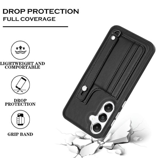 For Samsung Galaxy S24+ 5G Shockproof Leather Phone Case with Wrist Strap(Black)