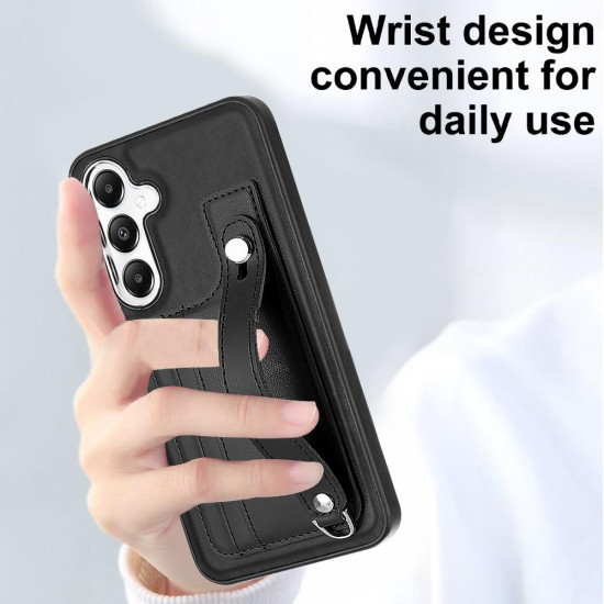 For Samsung Galaxy S24+ 5G Shockproof Leather Phone Case with Wrist Strap(Black)