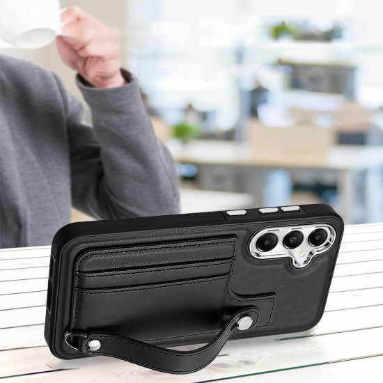 For Samsung Galaxy S24+ 5G Shockproof Leather Phone Case with Wrist Strap(Black)