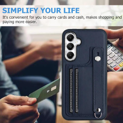For Samsung Galaxy S24+ 5G Shockproof Leather Phone Case with Wrist Strap(Blue)