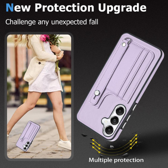 For Samsung Galaxy S24+ 5G Shockproof Leather Phone Case with Wrist Strap(Purple)