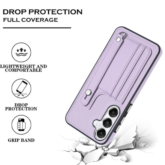 For Samsung Galaxy S24+ 5G Shockproof Leather Phone Case with Wrist Strap(Purple)