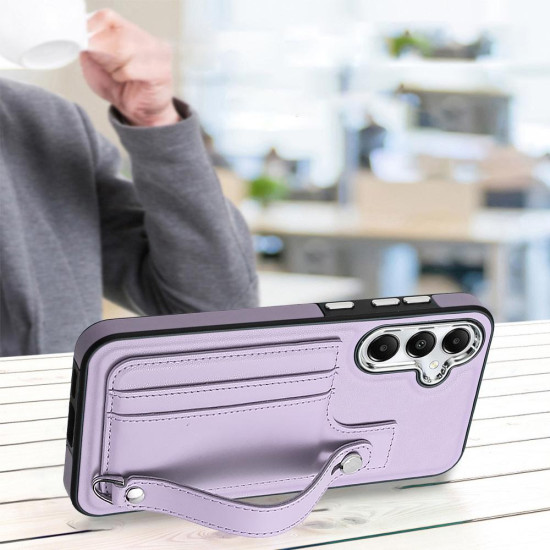 For Samsung Galaxy S24+ 5G Shockproof Leather Phone Case with Wrist Strap(Purple)