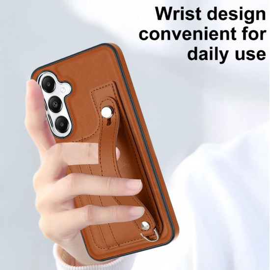 For Samsung Galaxy S24+ 5G Shockproof Leather Phone Case with Wrist Strap(Brown)