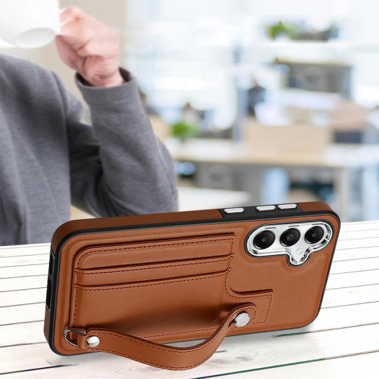 For Samsung Galaxy S24+ 5G Shockproof Leather Phone Case with Wrist Strap(Brown)