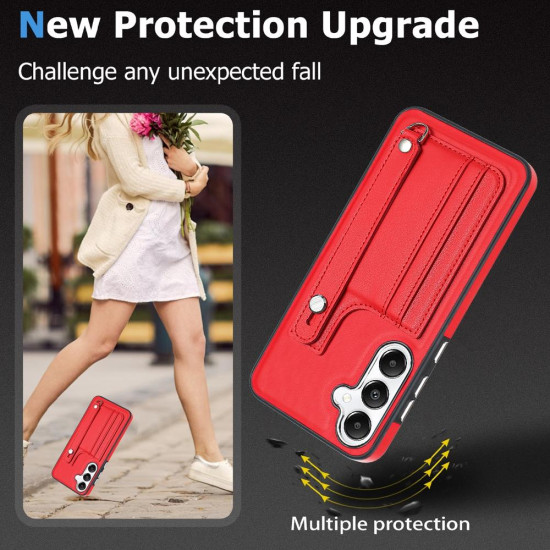 For Samsung Galaxy S24+ 5G Shockproof Leather Phone Case with Wrist Strap(Red)