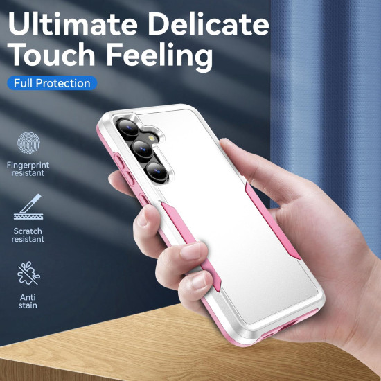 For Samsung Galaxy S24+ 5G Pioneer Armor Heavy Duty PC Hybrid TPU Phone Case(White+Pink)