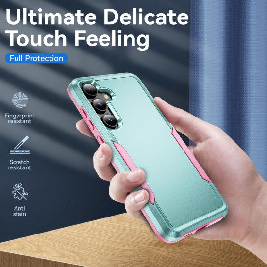 For Samsung Galaxy S24+ 5G Pioneer Armor Heavy Duty PC Hybrid TPU Phone Case(Green+Pink)