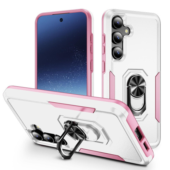 For Samsung Galaxy S24+ 5G Pioneer Armor Heavy Duty PC Hybrid TPU Phone Case with Holder(White+Pink)