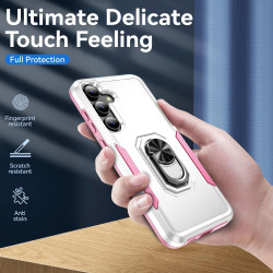 For Samsung Galaxy S24+ 5G Pioneer Armor Heavy Duty PC Hybrid TPU Phone Case with Holder(White+Pink)
