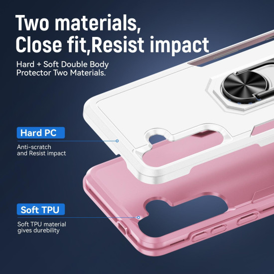 For Samsung Galaxy S24+ 5G Pioneer Armor Heavy Duty PC Hybrid TPU Phone Case with Holder(White+Pink)