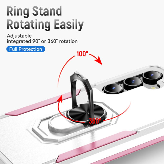 For Samsung Galaxy S24+ 5G Pioneer Armor Heavy Duty PC Hybrid TPU Phone Case with Holder(White+Pink)