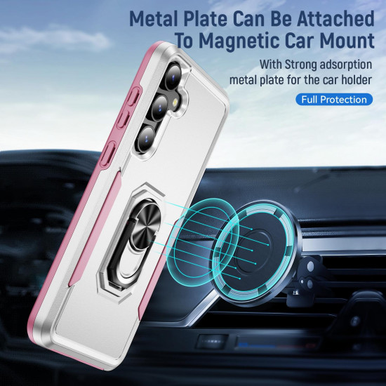 For Samsung Galaxy S24+ 5G Pioneer Armor Heavy Duty PC Hybrid TPU Phone Case with Holder(White+Pink)