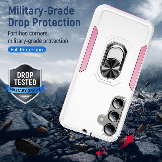 For Samsung Galaxy S24+ 5G Pioneer Armor Heavy Duty PC Hybrid TPU Phone Case with Holder(White+Pink)