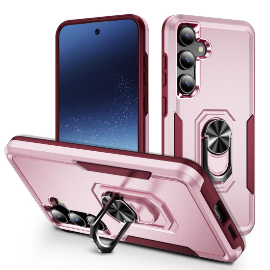 For Samsung Galaxy S24+ 5G Pioneer Armor Heavy Duty PC Hybrid TPU Phone Case with Holder(Pink+Rose Red)