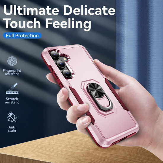 For Samsung Galaxy S24+ 5G Pioneer Armor Heavy Duty PC Hybrid TPU Phone Case with Holder(Pink+Rose Red)