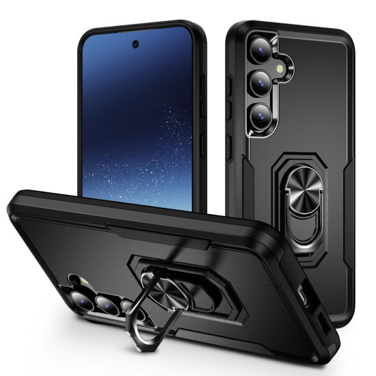 For Samsung Galaxy S24+ 5G Pioneer Armor Heavy Duty PC Hybrid TPU Phone Case with Holder(Black)
