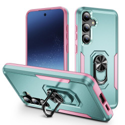 For Samsung Galaxy S24+ 5G Pioneer Armor Heavy Duty PC Hybrid TPU Phone Case with Holder(Green+Pink)