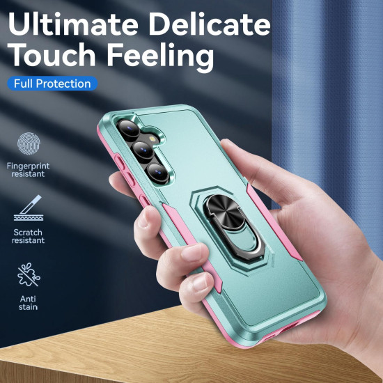 For Samsung Galaxy S24+ 5G Pioneer Armor Heavy Duty PC Hybrid TPU Phone Case with Holder(Green+Pink)
