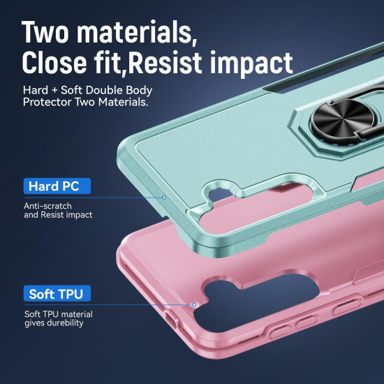 For Samsung Galaxy S24+ 5G Pioneer Armor Heavy Duty PC Hybrid TPU Phone Case with Holder(Green+Pink)