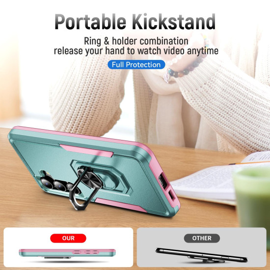 For Samsung Galaxy S24+ 5G Pioneer Armor Heavy Duty PC Hybrid TPU Phone Case with Holder(Green+Pink)
