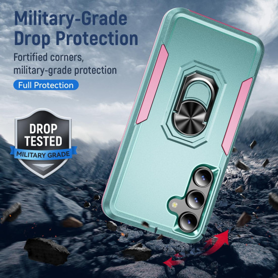 For Samsung Galaxy S24+ 5G Pioneer Armor Heavy Duty PC Hybrid TPU Phone Case with Holder(Green+Pink)