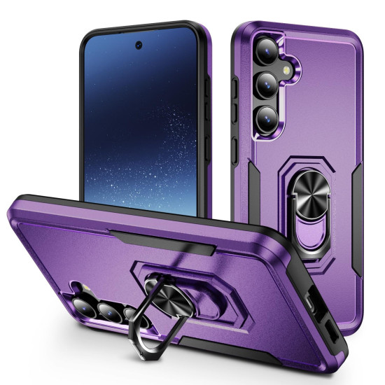 For Samsung Galaxy S24+ 5G Pioneer Armor Heavy Duty PC Hybrid TPU Phone Case with Holder(Purple+Black)