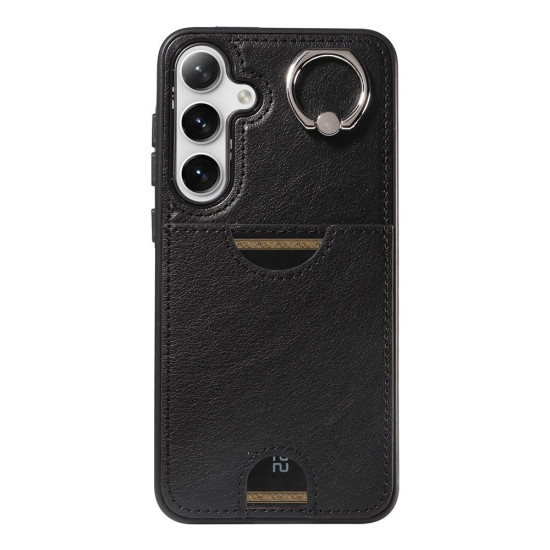 For Samsung Galaxy S24+ 5G Calf Texture Card Slot Ring Holder Phone Case(Black)
