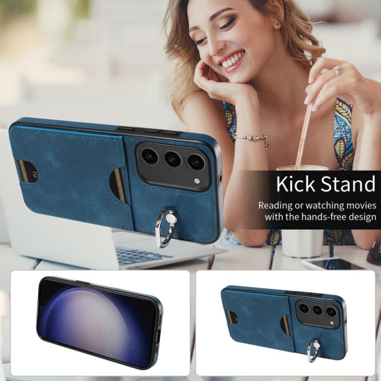 For Samsung Galaxy S23 5G Calf Texture Card Slot Ring Holder Phone Case(Blue)