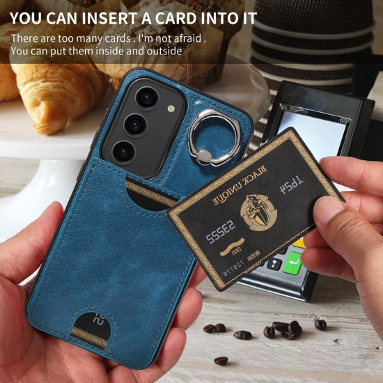 For Samsung Galaxy S23 5G Calf Texture Card Slot Ring Holder Phone Case(Blue)