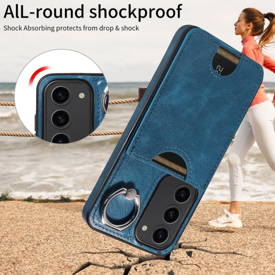 For Samsung Galaxy S23 5G Calf Texture Card Slot Ring Holder Phone Case(Blue)