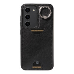 For Samsung Galaxy S23 5G Calf Texture Card Slot Ring Holder Phone Case(Black)
