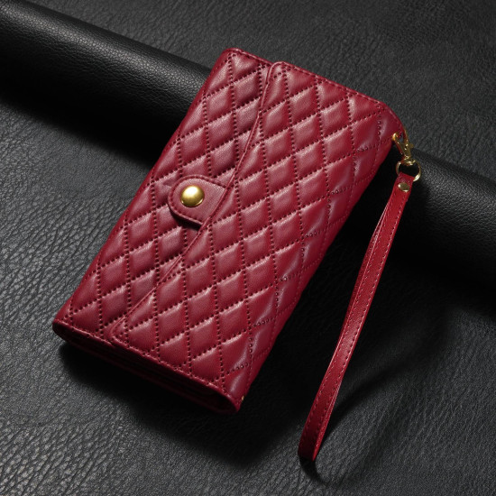 For Samsung Galaxy S24+ 5G Zipper Multi-Card Wallet Rhombic Leather Phone Case(Red)