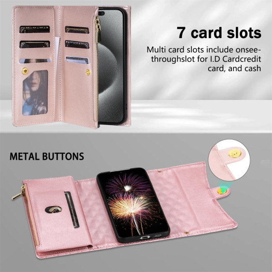 For Samsung Galaxy S24+ 5G Zipper Multi-Card Wallet Rhombic Leather Phone Case(Rose Gold)