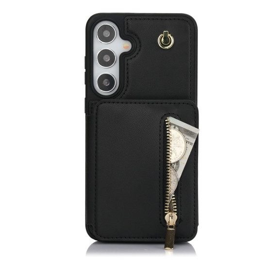 For Samsung Galaxy S24+ 5G YM006 Skin Feel Zipper Card Bag Phone Case with Dual Lanyard(Black)