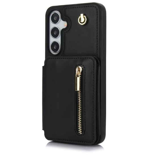 For Samsung Galaxy S24+ 5G YM006 Skin Feel Zipper Card Bag Phone Case with Dual Lanyard(Black)