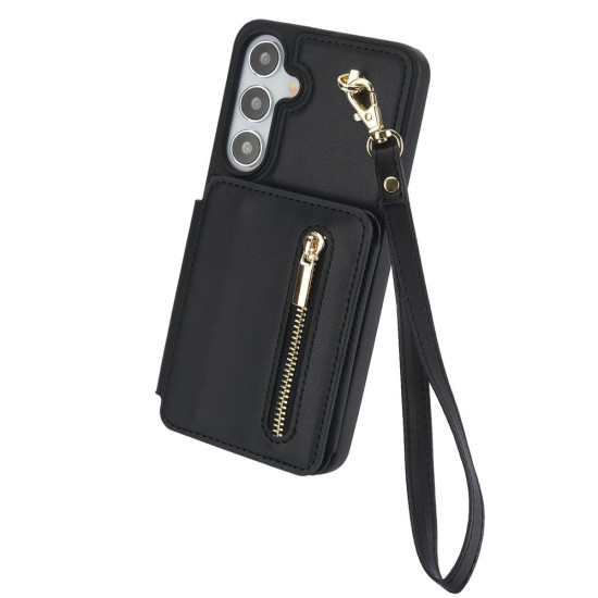 For Samsung Galaxy S24+ 5G YM006 Skin Feel Zipper Card Bag Phone Case with Dual Lanyard(Black)
