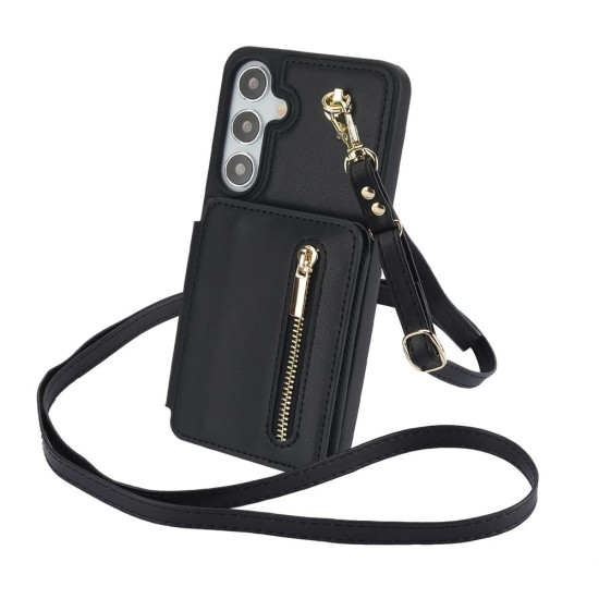 For Samsung Galaxy S24+ 5G YM006 Skin Feel Zipper Card Bag Phone Case with Dual Lanyard(Black)