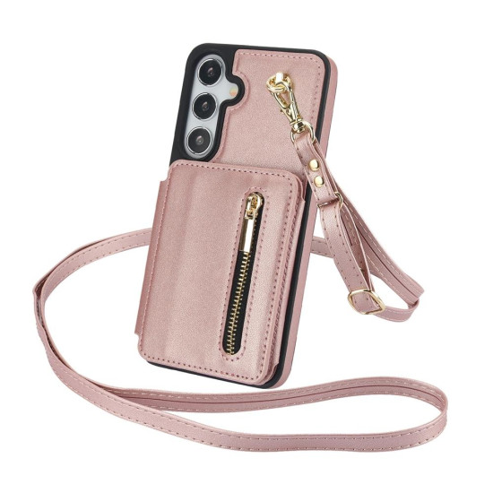 For Samsung Galaxy S24+ 5G YM006 Skin Feel Zipper Card Bag Phone Case with Dual Lanyard(Rose Gold)
