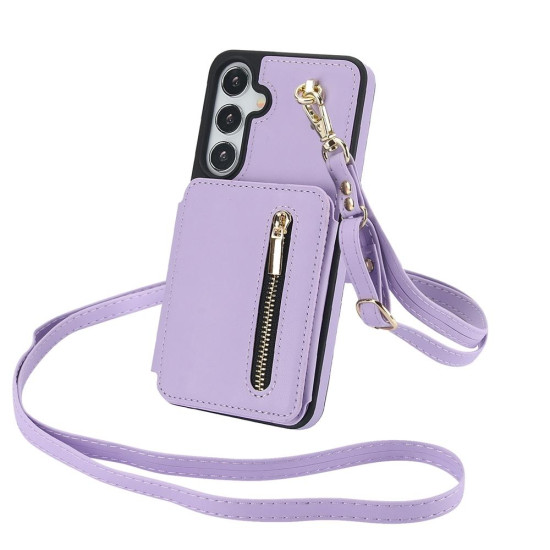 For Samsung Galaxy S24+ 5G YM006 Skin Feel Zipper Card Bag Phone Case with Dual Lanyard(Light Purple)