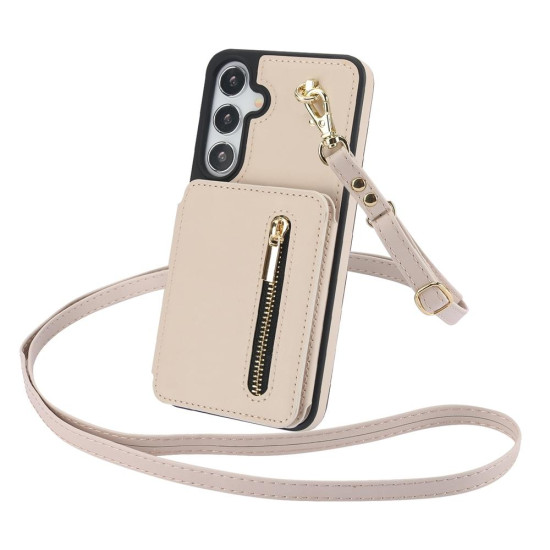 For Samsung Galaxy S24+ 5G YM006 Skin Feel Zipper Card Bag Phone Case with Dual Lanyard(Apricot)