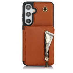 For Samsung Galaxy S24+ 5G YM006 Skin Feel Zipper Card Bag Phone Case with Dual Lanyard(Brown)